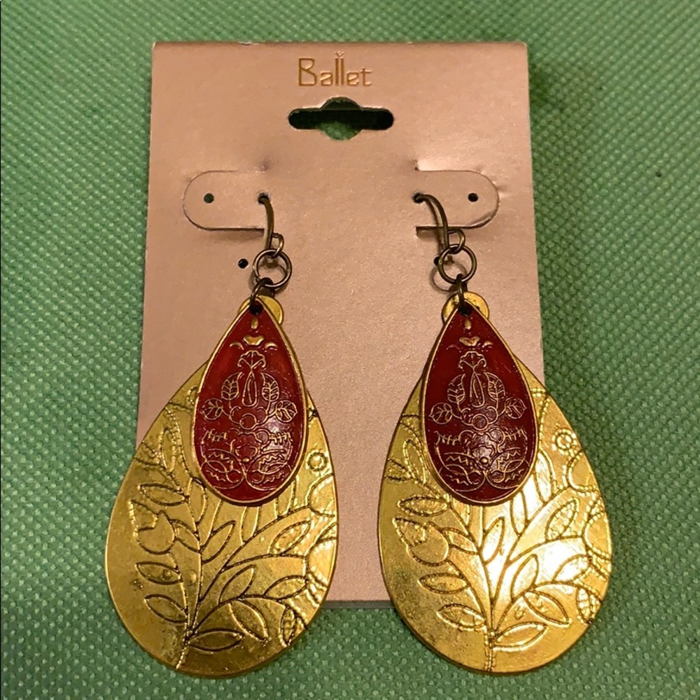 Gold and Red Leaf Earrings